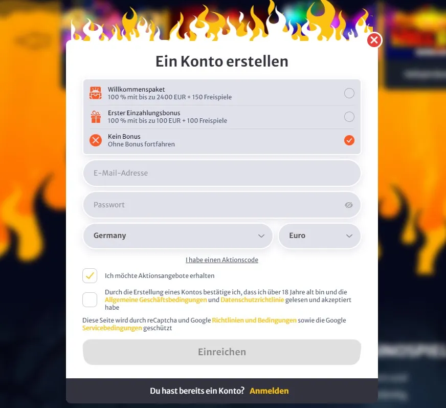 HELL Spin Casino Registrierungsschritt 2
